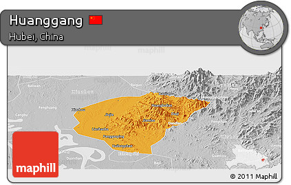 Political Panoramic Map of Huanggang, lighten, desaturated