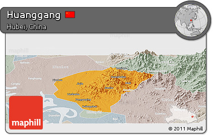 Political Panoramic Map of Huanggang, lighten, semi-desaturated