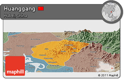 Political Panoramic Map of Huanggang, semi-desaturated