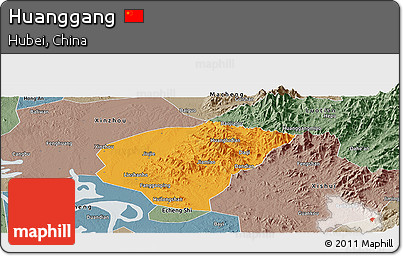 Political Panoramic Map of Huanggang, semi-desaturated