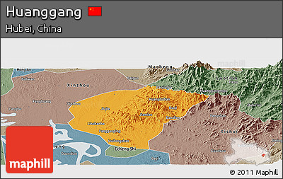Political Panoramic Map of Huanggang, semi-desaturated