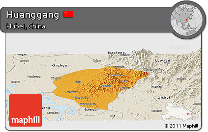 Political Panoramic Map of Huanggang, shaded relief outside