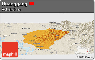 Political Panoramic Map of Huanggang, shaded relief outside
