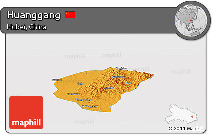 Political Panoramic Map of Huanggang, single color outside