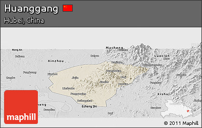 Shaded Relief Panoramic Map of Huanggang, desaturated