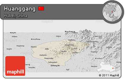 Shaded Relief Panoramic Map of Huanggang, desaturated