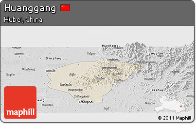 Shaded Relief Panoramic Map of Huanggang, desaturated
