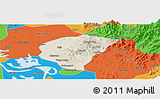Shaded Relief Panoramic Map of Huanggang, political outside