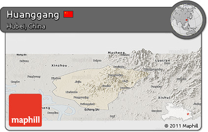 Shaded Relief Panoramic Map of Huanggang, semi-desaturated