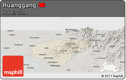 Shaded Relief Panoramic Map of Huanggang, semi-desaturated