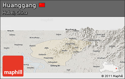Shaded Relief Panoramic Map of Huanggang, semi-desaturated