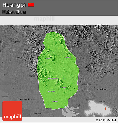 Political 3D Map of Huangpi, darken, desaturated