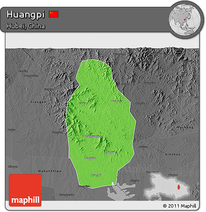Political 3D Map of Huangpi, darken, desaturated