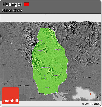 Political 3D Map of Huangpi, darken, desaturated