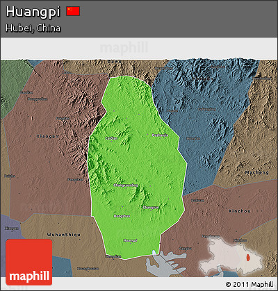 Political 3D Map of Huangpi, darken, semi-desaturated