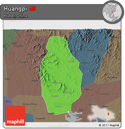 Political 3D Map of Huangpi, darken, semi-desaturated