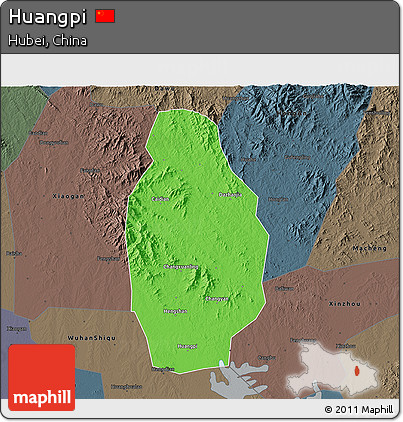 Political 3D Map of Huangpi, darken, semi-desaturated