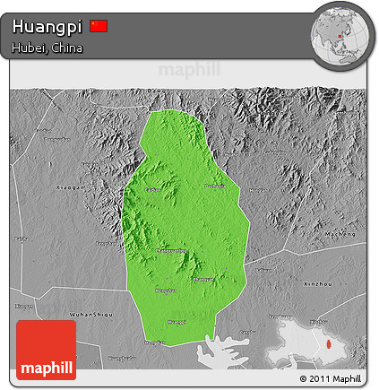 Political 3D Map of Huangpi, desaturated