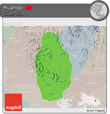 Political 3D Map of Huangpi, lighten, semi-desaturated