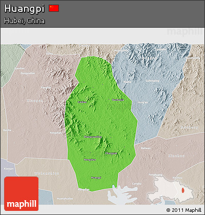 Political 3D Map of Huangpi, lighten, semi-desaturated