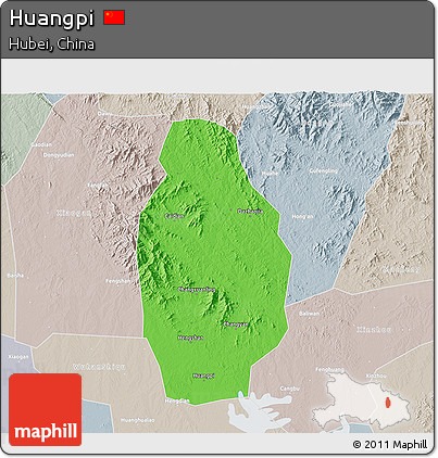 Political 3D Map of Huangpi, lighten, semi-desaturated