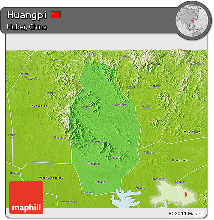 Political 3D Map of Huangpi, physical outside