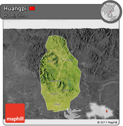 Satellite 3D Map of Huangpi, darken, desaturated