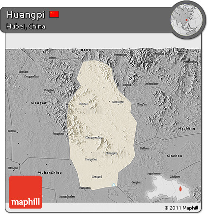 Shaded Relief 3D Map of Huangpi, darken, desaturated