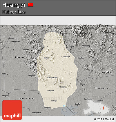 Shaded Relief 3D Map of Huangpi, darken, semi-desaturated