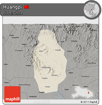 Shaded Relief 3D Map of Huangpi, darken, semi-desaturated
