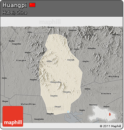 Shaded Relief 3D Map of Huangpi, darken, semi-desaturated