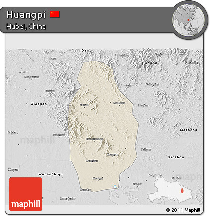 Shaded Relief 3D Map of Huangpi, desaturated