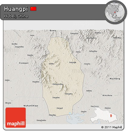 Shaded Relief 3D Map of Huangpi, semi-desaturated