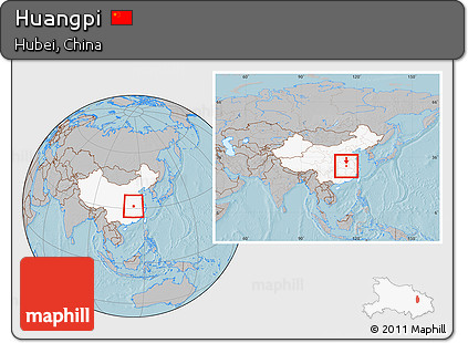 Gray Location Map of Huangpi, highlighted country, within the entire country, hill shading