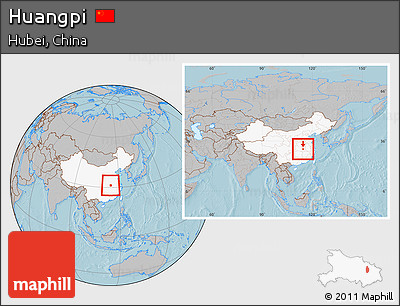 Gray Location Map of Huangpi, highlighted country, within the entire country, hill shading