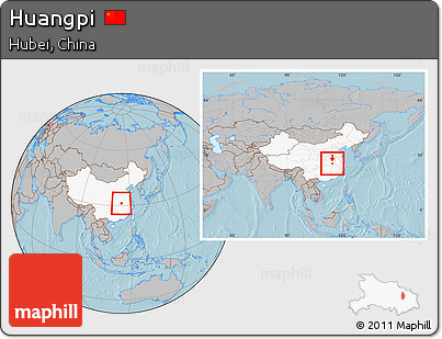 Gray Location Map of Huangpi, highlighted country, within the entire country, hill shading