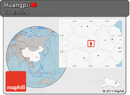 Gray Location Map of Huangpi, highlighted country, hill shading