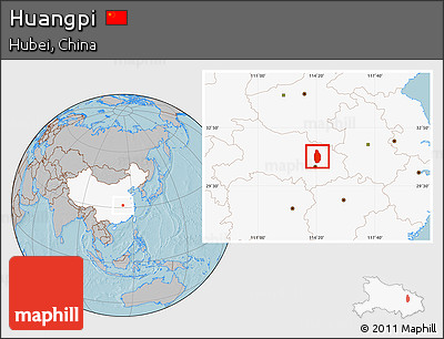 Gray Location Map of Huangpi, highlighted country, hill shading