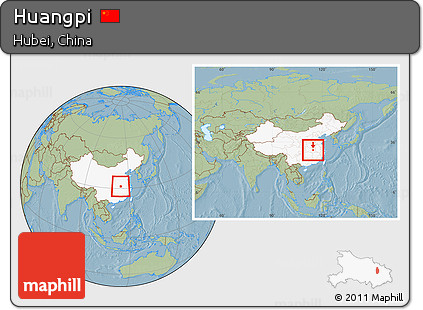 Savanna Style Location Map of Huangpi, highlighted country, within the entire country, hill shading