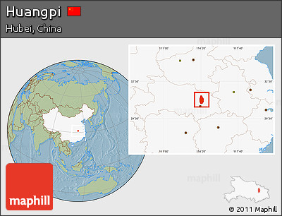 Savanna Style Location Map of Huangpi, highlighted country, hill shading