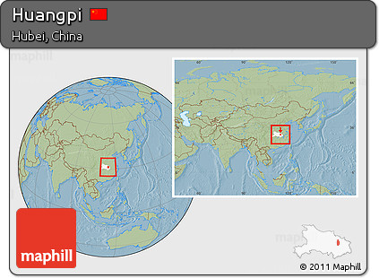 Savanna Style Location Map of Huangpi, highlighted parent region, within the entire country, hill shading