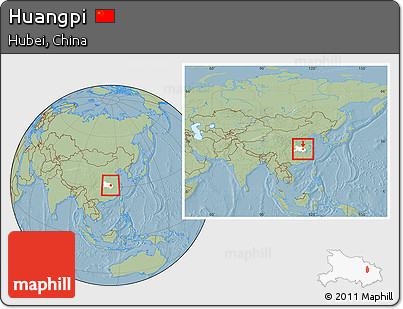 Savanna Style Location Map of Huangpi, highlighted parent region, within the entire country, hill shading