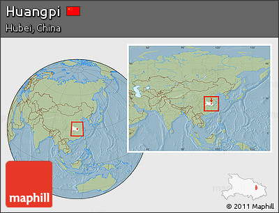 Savanna Style Location Map of Huangpi, highlighted parent region, within the entire country, hill shading