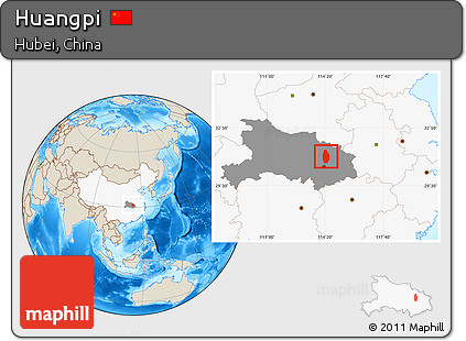 Shaded Relief Location Map of Huangpi, highlighted country, highlighted parent region