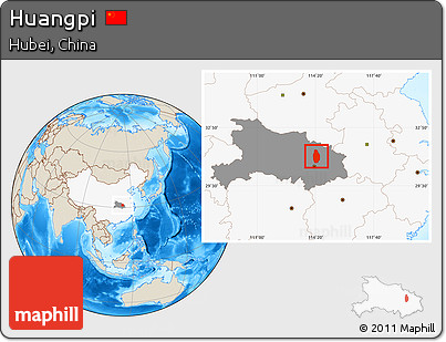 Shaded Relief Location Map of Huangpi, highlighted country, highlighted parent region