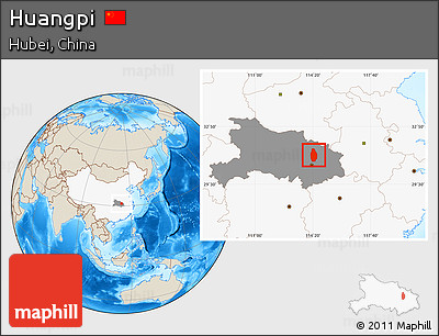 Shaded Relief Location Map of Huangpi, highlighted country, highlighted parent region