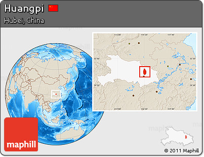 Shaded Relief Location Map of Huangpi, highlighted parent region