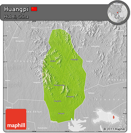 Physical Map of Huangpi, lighten, desaturated