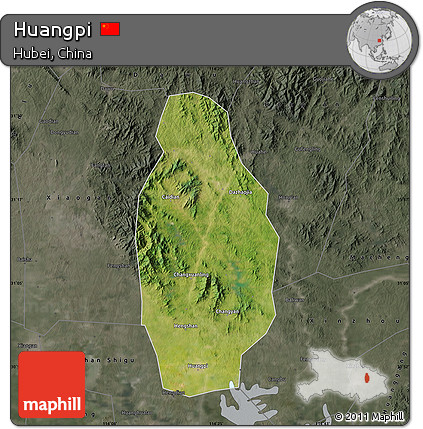 Satellite Map of Huangpi, darken, semi-desaturated