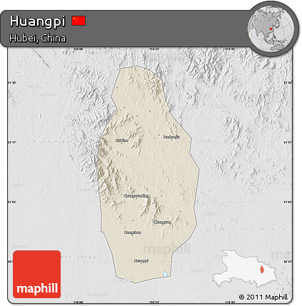 Shaded Relief Map of Huangpi, lighten, desaturated